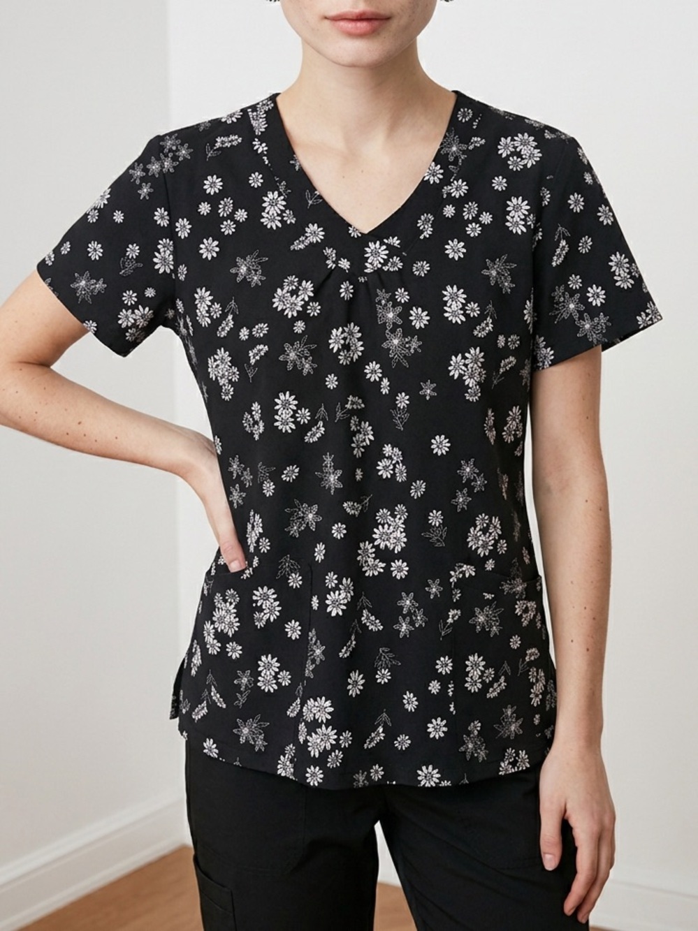 White Cross Black V-Neck Floral Short Sleeve Scrub Medium